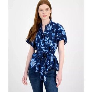 Tommy Hilfiger Women's Top Size XL Floral-Print Belted Blouse Retail $79.50 NWT